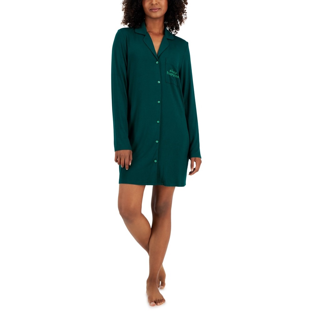 Jenni Women's Notched-Collar Long-Sleeve Sleepshirt - Sleep Happens - Size Large